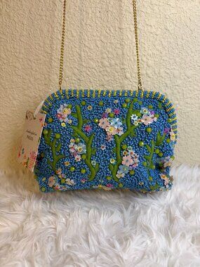 Viral Made in India Blue Floral Beaded Crossbody Bag Sequin Purse NWT